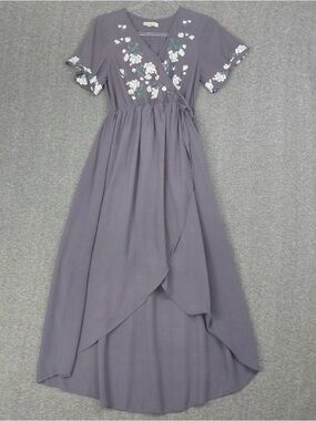 High-Low Wrap Dress with Floral Embroidery - Gray